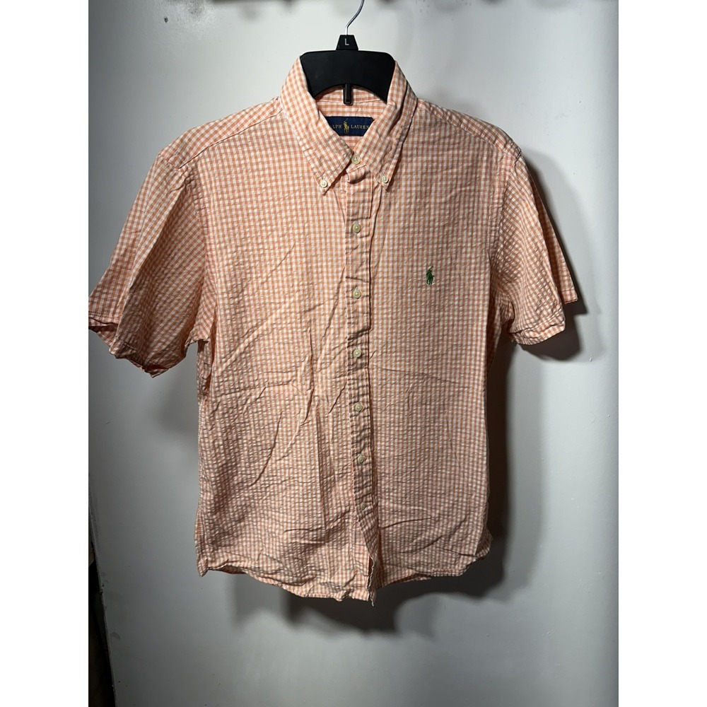 Ralph Lauren Seersucker Short Sleeve Shirt Men's M Orange Checkered
